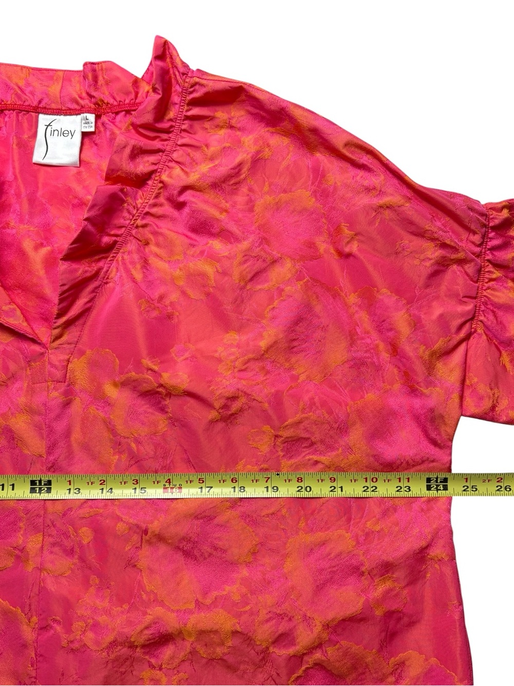 Finley Crosby Top Neon Rose Floral Jacquard Ruffle Neck Blouse Pink Orange L - Picture 8 of 11
